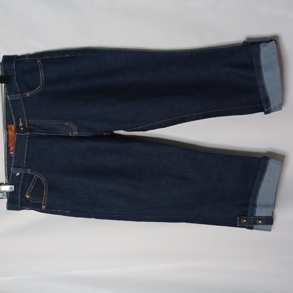 Bebe Dark Wash Crop Jean Pants with Rhinestones and Attached Fold. 34